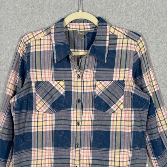 Natural Reflections Flannel Shirt Small Navy Pink Worn Faded GORP Hiking Camping - Picture 2 of 10